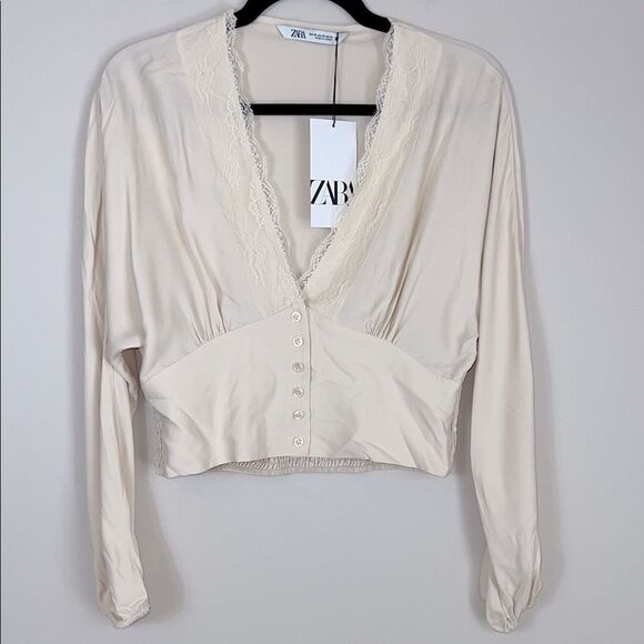 Zara Lace Cropped Blouse Long Sleeve Cream Size XS - Picture 1 of 9